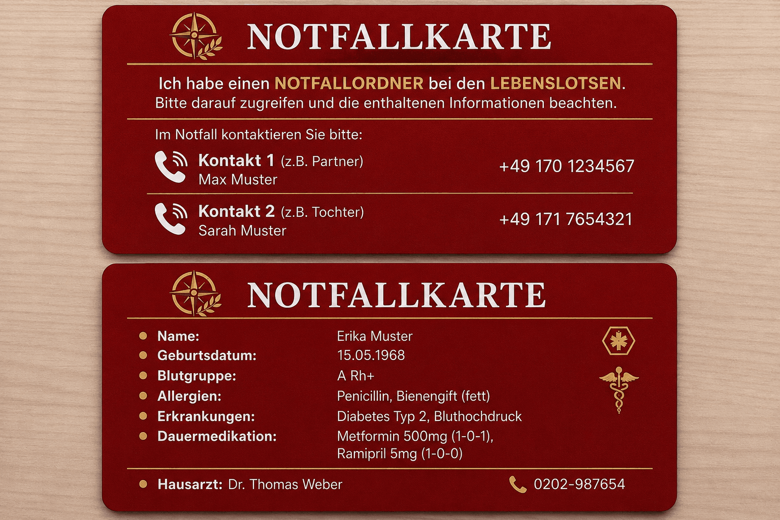 Lebenslotse Notfallkarte mit Kontaktdaten und medizinischen Informationen, Vorder- und Rückseite